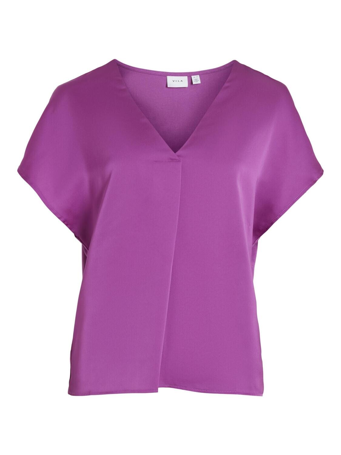 VIELLETTE V-NECK S/S SATIN TOP - NOOS Cattleya Orchid