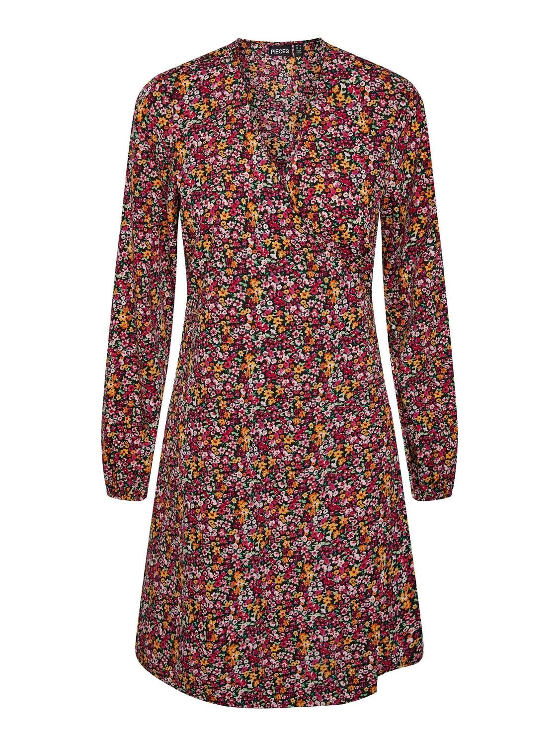 PCNESSA LS WRAP DRESS NOOS Black/SMALL FLOWER