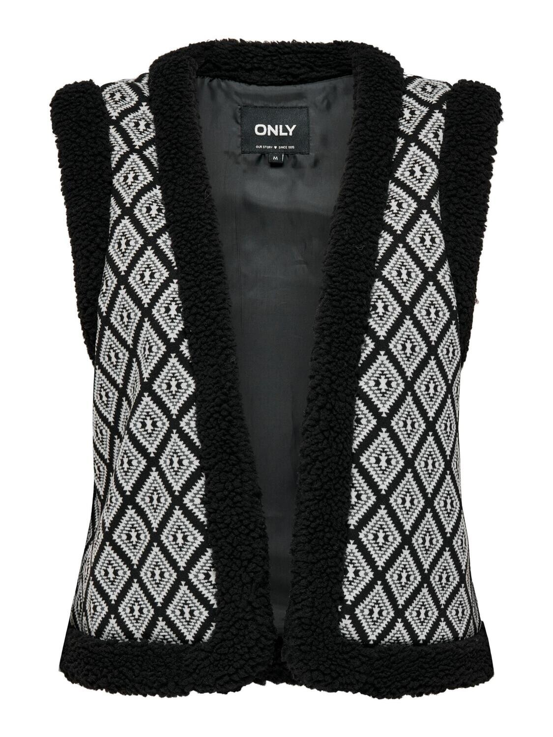 ONLJESSIE AZTEC TEDDY WAISTCOAT CS OTW Black-AZTEC CLOUD DANCER BLACK