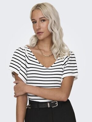 ONLLEELO STRIPE S/S BACK V-NECK KNT NOOS Eggnog-BLACK
