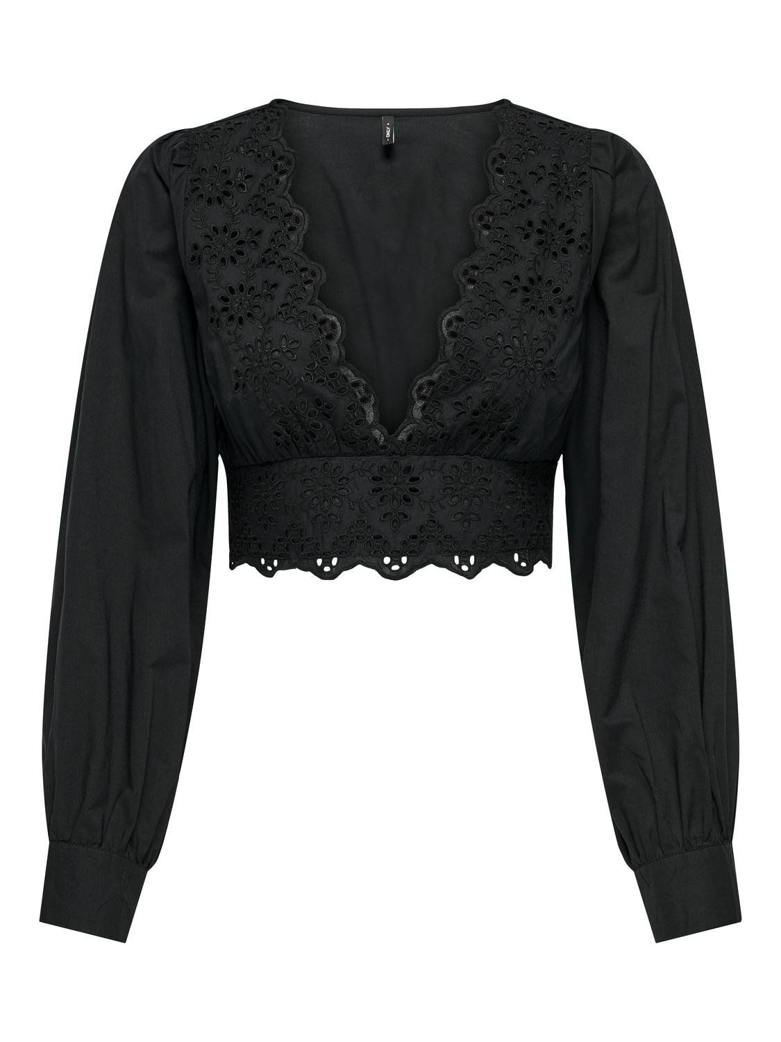 ONLLOU LIFE EMB L/S V-NECK SHORT TOP PTM Black
