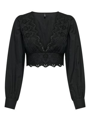 ONLLOU LIFE EMB L/S V-NECK SHORT TOP PTM Black