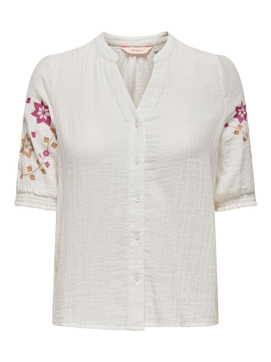 ONLTHYRA LIFE SS V-NECK SHIRT WVN CS Cloud Dancer-EMB. PINK-BROWN