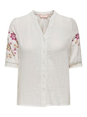 ONLTHYRA LIFE SS V-NECK SHIRT WVN CS Cloud Dancer-EMB. PINK-BROWN