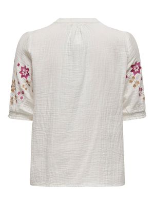 ONLTHYRA LIFE SS V-NECK SHIRT WVN CS Cloud Dancer-EMB. PINK-BROWN
