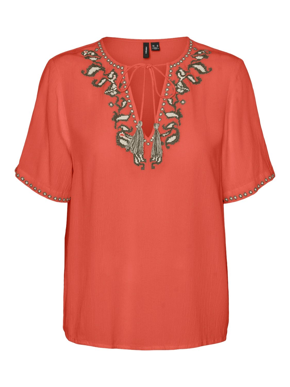 VMSVELLA S/S V-NECK TOP WVN EXP GA Burnt Sienna-BIRCH EMB
