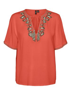 VMSVELLA S/S V-NECK TOP WVN EXP GA Burnt Sienna-BIRCH EMB
