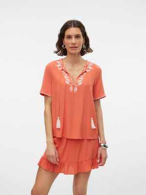 VMSVELLA S/S V-NECK TOP WVN EXP GA Burnt Sienna-BIRCH EMB