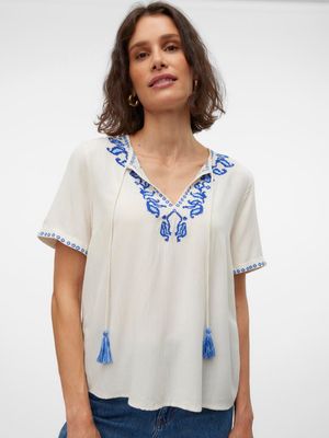 VMSVELLA S/S V-NECK TOP WVN EXP GA Birch-CORNFLOWER BLUE-SODALITE