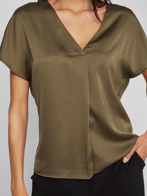 VIELLETTE V-NECK S/S SATIN TOP - NOOS Dusty Olive