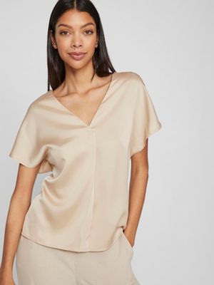 VIELLETTE V-NECK S/S SATIN TOP - NOOS Cement