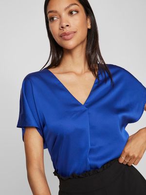 VIELLETTE V-NECK S/S SATIN TOP - NOOS Mazarine Blue