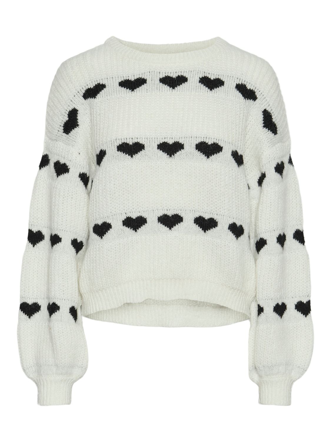 PCNOVE LS O-NECK HEART KNIT BC Cloud Dancer-Black hearts
