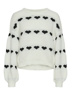 PCNOVE LS O-NECK HEART KNIT BC Cloud Dancer-Black hearts