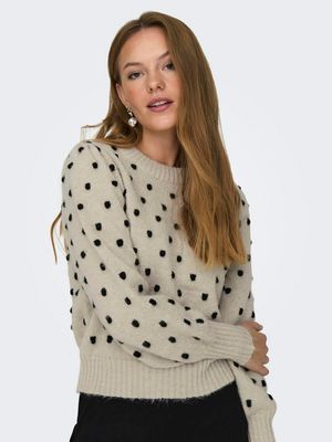 JDYSIGRID LIFE L/S ON PUFF PULL KNT NOOS CEMENT-W BLACk DOTS