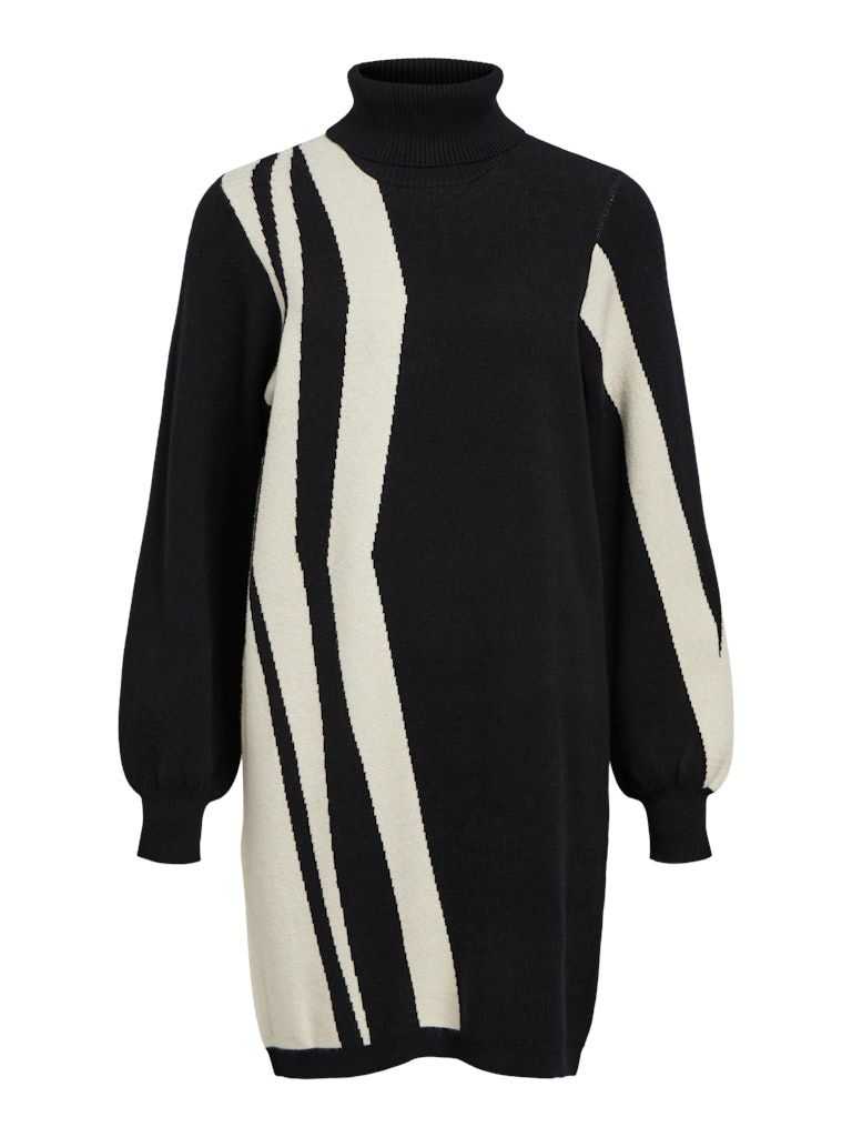 OBJRAY L/S KNIT ROLLNECK DRESS AOP NOOS Black-Sandshell vertical stri