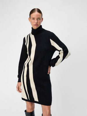 OBJRAY L/S KNIT ROLLNECK DRESS AOP NOOS Black-Sandshell vertical stri