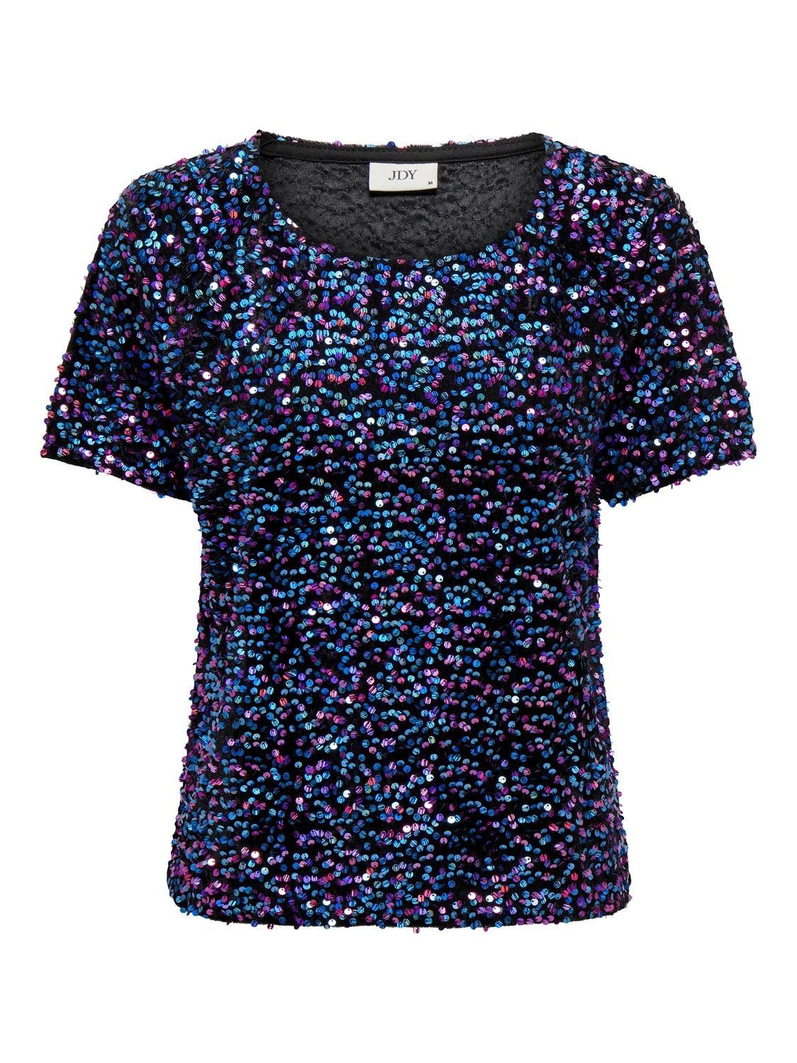 JDYSHIRLEY S/S GLITTER TOP JRS Dresden Blue-MULTICOL SEQUINS