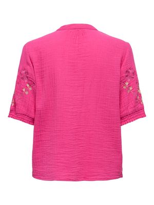 ONLTHYRA LIFE SS V-NECK SHIRT WVN CS Fuchsia Purple-EMB. PINK-BROWN