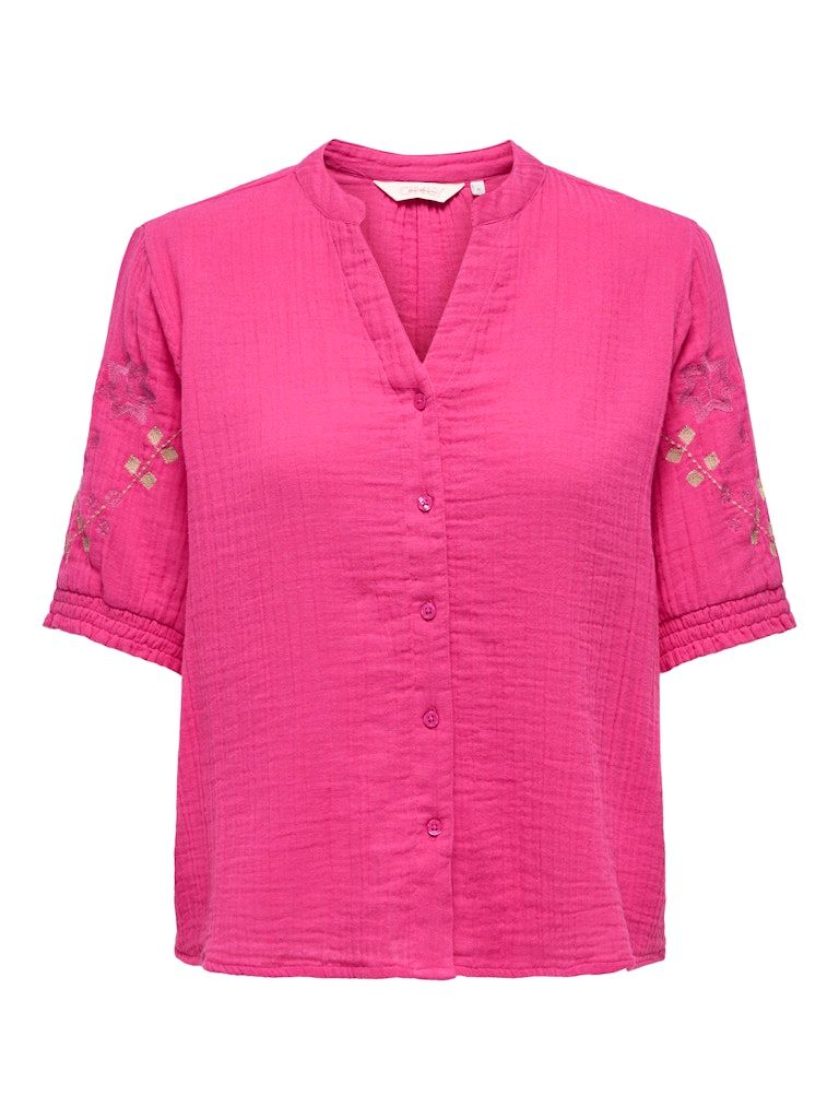 ONLTHYRA LIFE SS V-NECK SHIRT WVN CS Fuchsia Purple-EMB. PINK-BROWN
