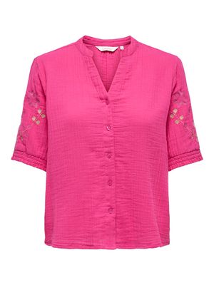 ONLTHYRA LIFE SS V-NECK SHIRT WVN CS Fuchsia Purple-EMB. PINK-BROWN