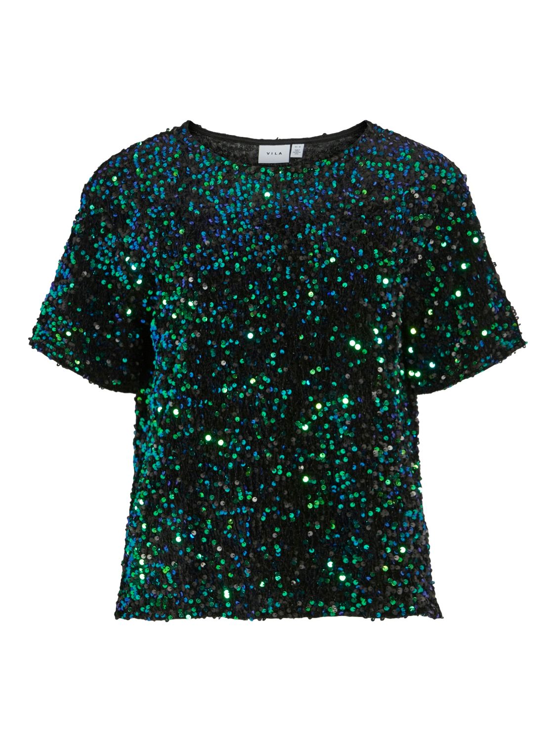 VIFAITH O-NECK S/S SEQUIN TOP/VOL Black Beauty-AQUAMARINE SEQUIN