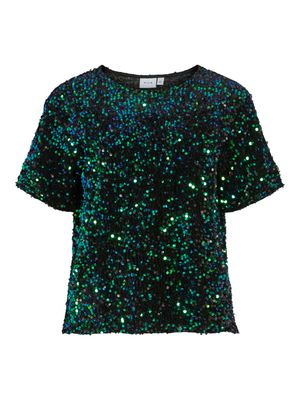 VIFAITH O-NECK S/S SEQUIN TOP/VOL Black Beauty-AQUAMARINE SEQUIN