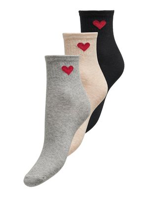 ONLHANNAH HEART SOCK 3-PACK BOX Black-BEIGE-GREY-BLACK W. RED