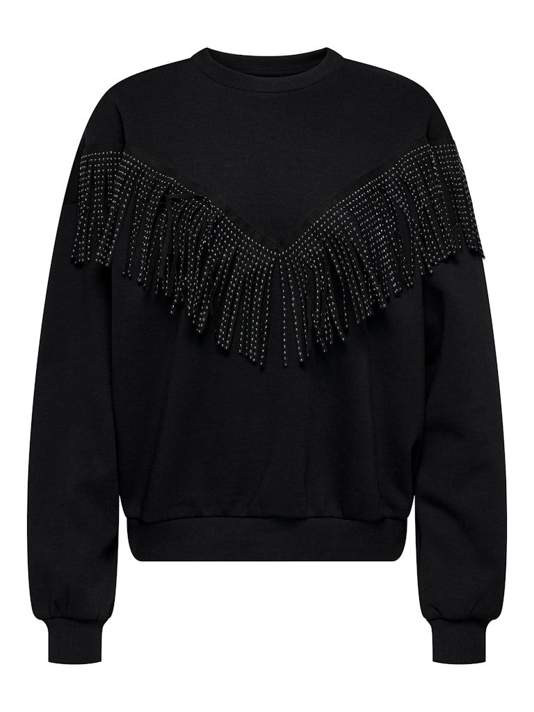ONLFREY L/S O-NECK FRINGE SWT Black-Tasselband black