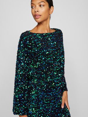 VIFAITH BOAT NECK L/S SEQUIN TOP/VOL Black Beauty/AQUAMAR