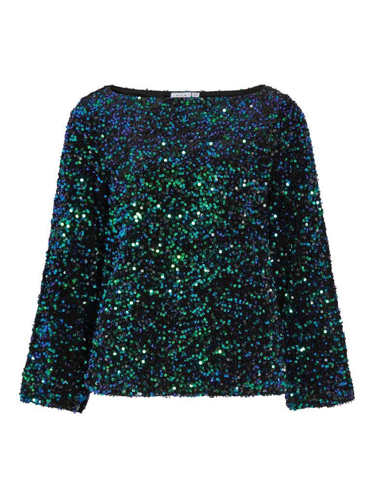 VIFAITH BOAT NECK L/S SEQUIN TOP/VOL Black Beauty/AQUAMAR