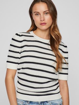 VIDALO O-NECK S/S STRIPE KNIT-NOOS White Alyssum/BLACK