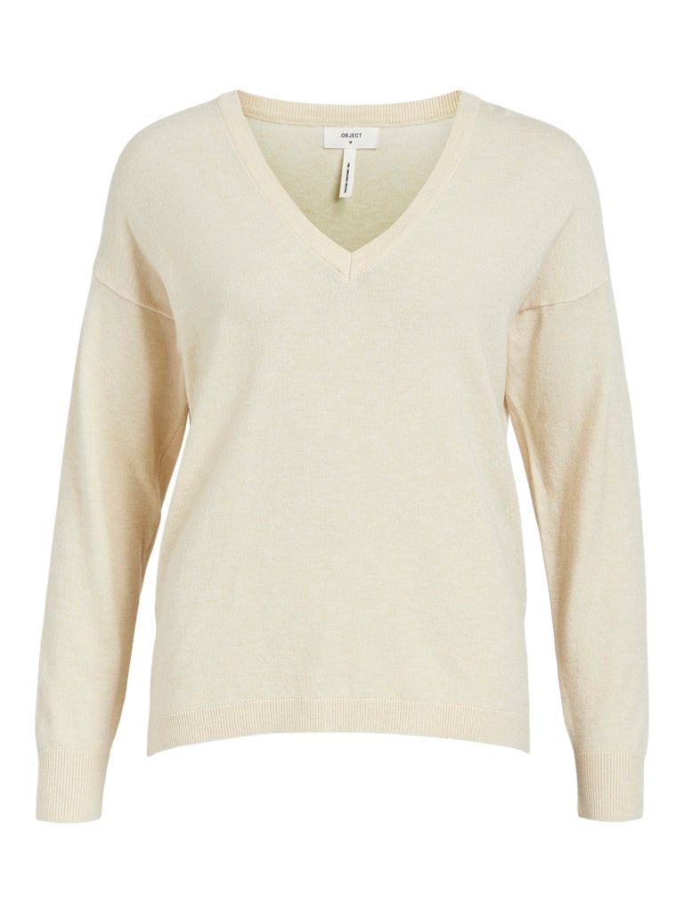 OBJTHESS L/S V-NECK KNIT PULLOVER NOOS Sandshell-MELANGE