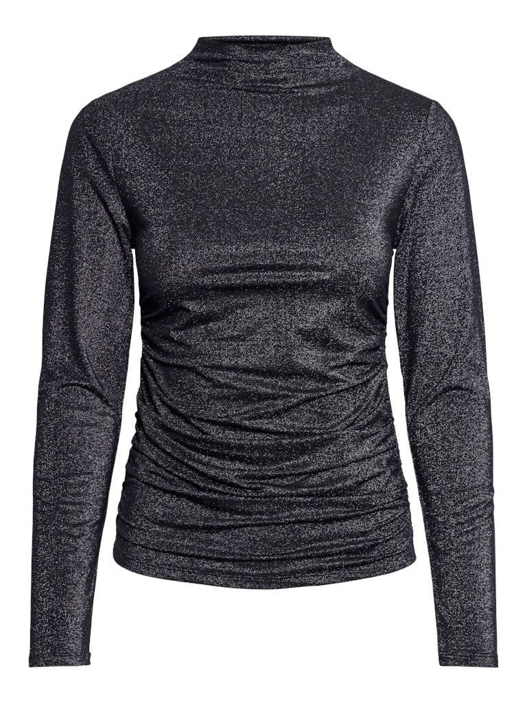 PCMONICA LS GLITTER RUCHING TOP NOOS Black/SILVER