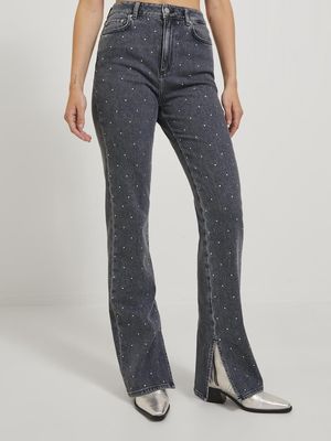 JXCIARA SLIM LONG RHS SLIT HW JEANS DNM Grey Denim