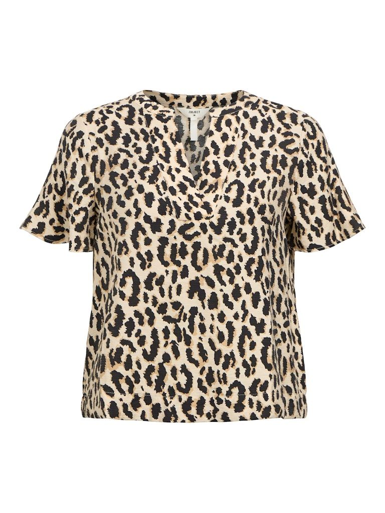 OBJKARINA S/S RE V-NECK TOP NOOS Sandshell-Leopard