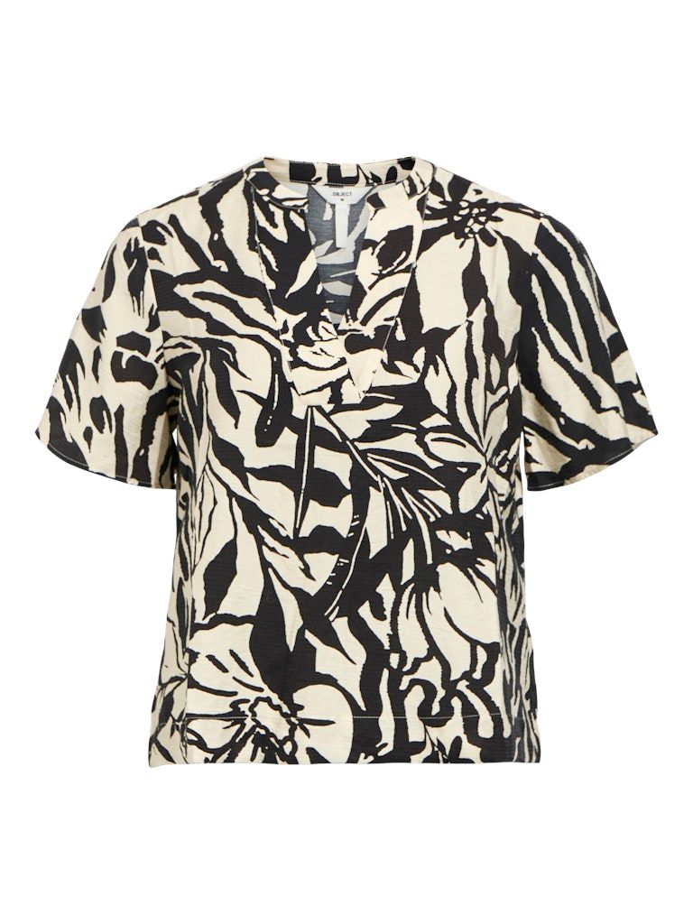 OBJKARINA S/S RE V-NECK TOP NOOS Sandshell/Black flow