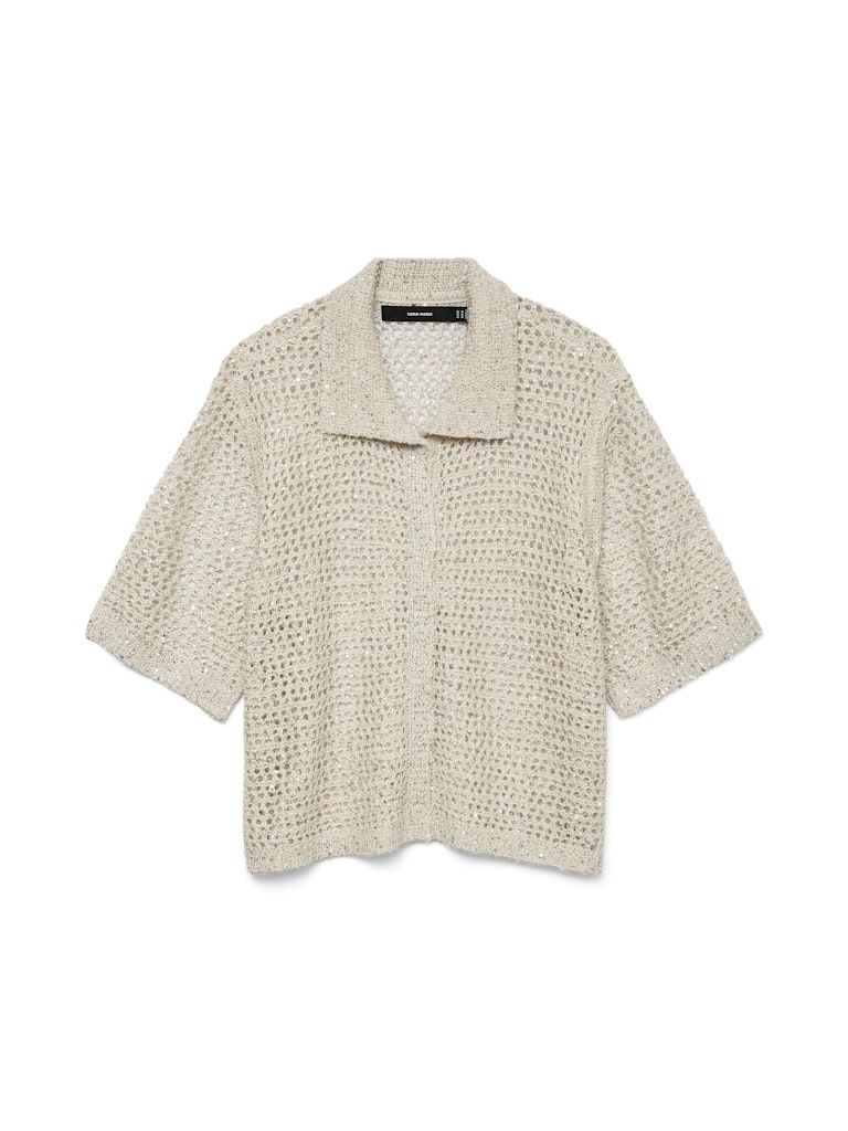 VMLEILANI GLITTER 2/4 POLONECK CARDIGAN Birch-W. SILVER SEQUINCE