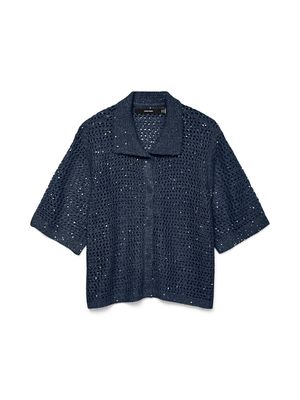 VMLEILANI GLITTER 2/4 POLONECK CARDIGAN Navy Blazer-W. SILVER SEQUINCE