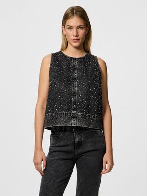 PCNOEL SL O-NECK DENIM TOP D2D FSY Black Denim/Rhinesto