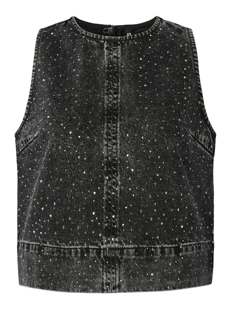 PCNOEL SL O-NECK DENIM TOP D2D FSY Black Denim/Rhinesto