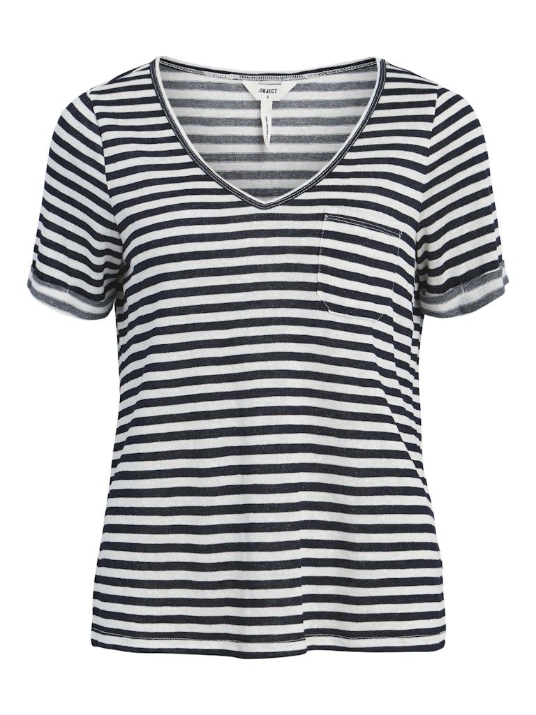 OBJTESSI SLUB S/S V-NECK NOOS Sky Captain-WHITE STRIPES