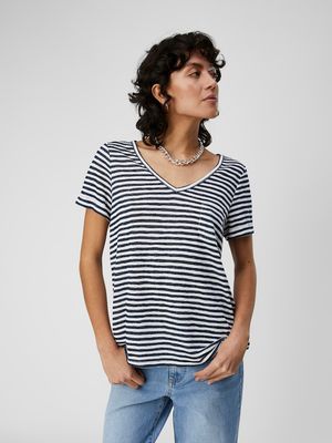 OBJTESSI SLUB S/S V-NECK NOOS Sky Captain-WHITE STRIPES