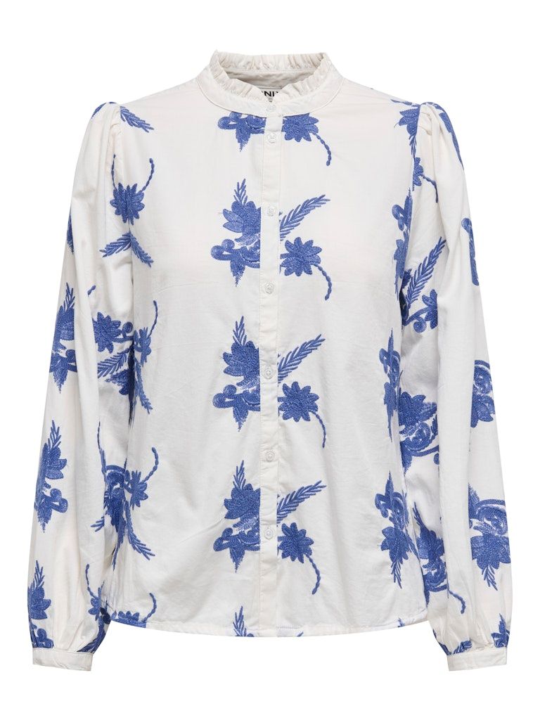 ONLJAMILLA LIFE LS EMB BUTTON TOP WVN CS Cloud Dancer-W AMPARO BLUE EMB