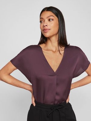 VIELLETTE V-NECK S/S SATIN TOP - NOOS Plum Perfect