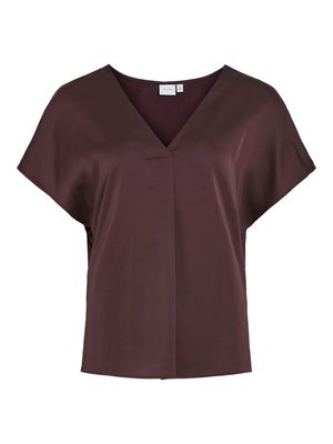 VIELLETTE V-NECK S/S SATIN TOP - NOOS Plum Perfect