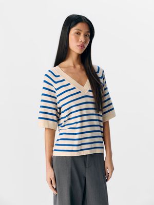 OBJTHESS 2/4 LO V-NECK KNIT TOP NOOS Sandshell-Surf the web col