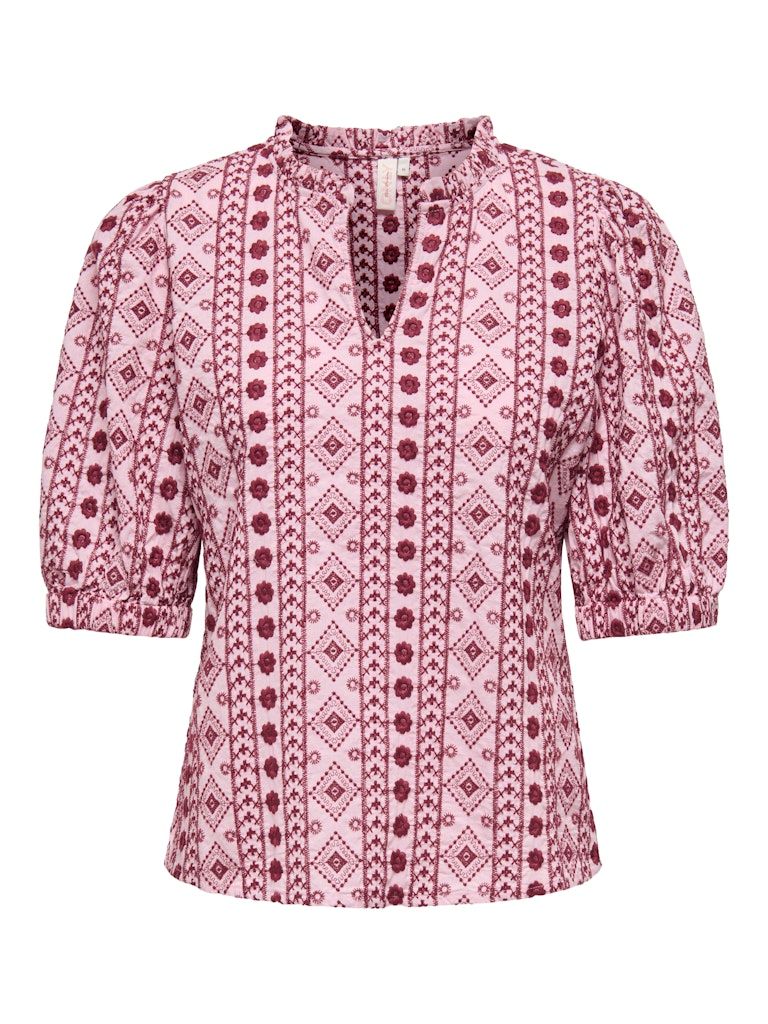ONLPIPPI LIFE SS EMB. V-NECK TOP WVN Candy Pink-RUBY WINE EMB