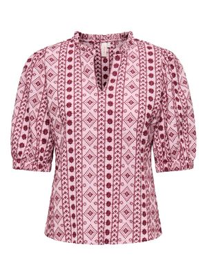 ONLPIPPI LIFE SS EMB. V-NECK TOP WVN Candy Pink-RUBY WINE EMB