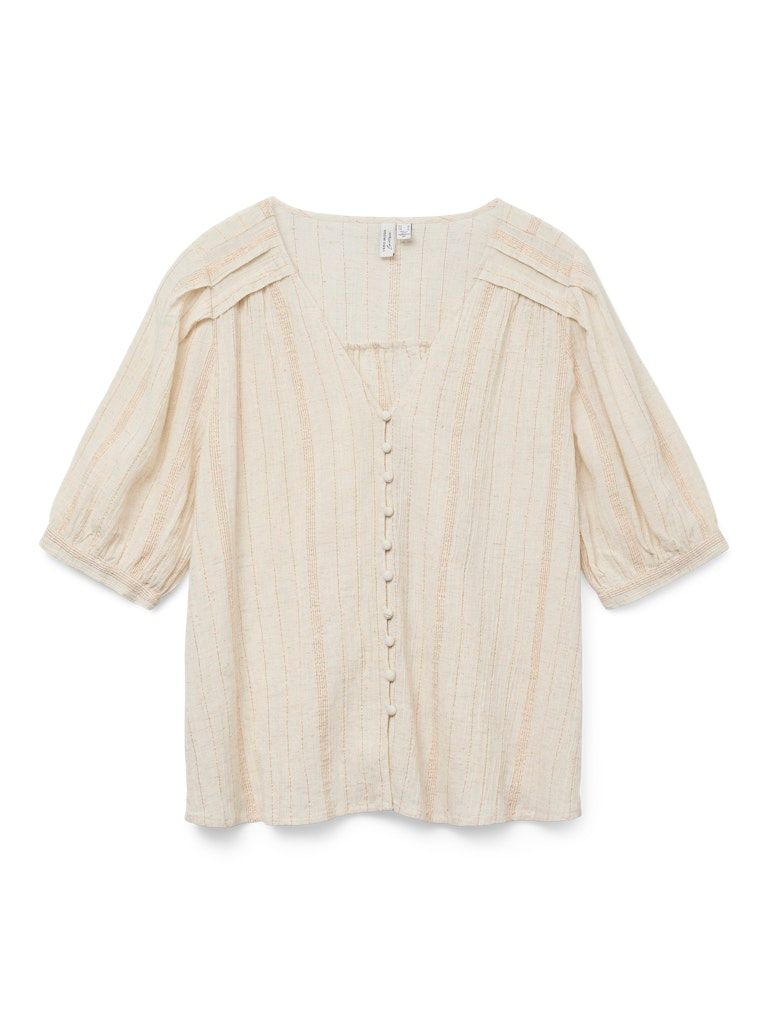 VMDAHLIA S/S V-NECK SHIRT WVN BTQ Pumice Stone-Gold lurex